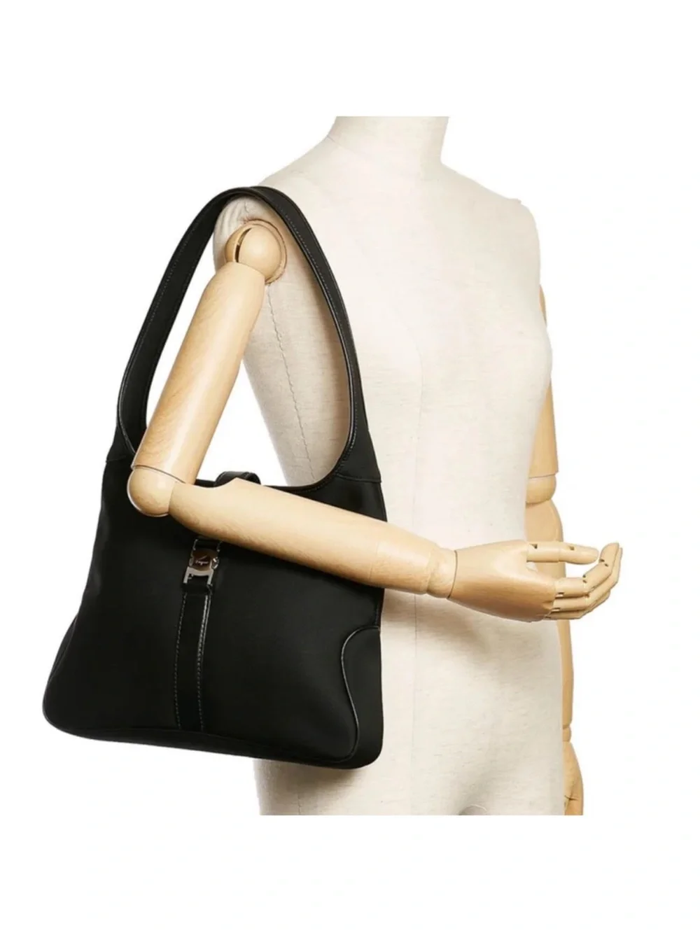 Salvatore Ferragamo Black Nylon Gancini Shoulder Bag Leather Trim Italy